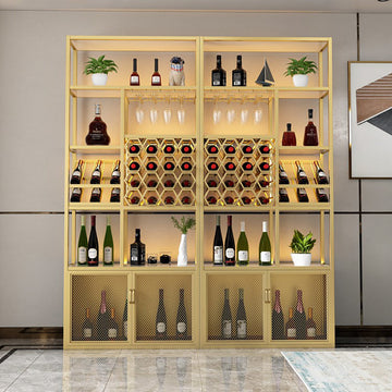 Gold Contemporary Standing Wine Rack with Glass Rack-B